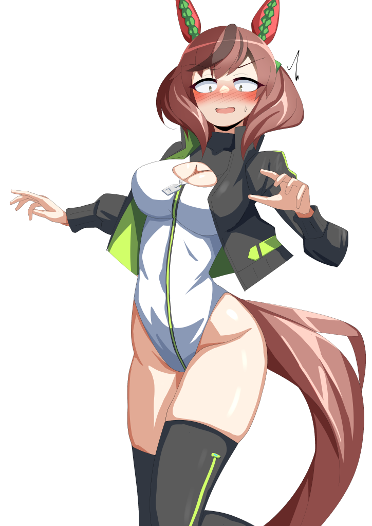 1girl, alice_gear_aegis, animal_ears, black_jacket, black_thighhighs, blush, brown_hair, circle_cutout