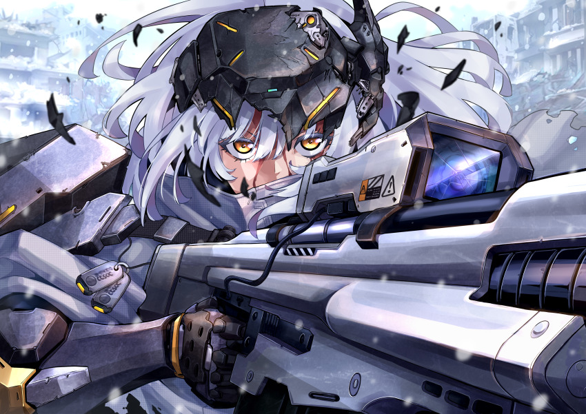 1girl, absurdres, aiming, armor, battle_damage, blood, blood_on_face, broken_armor