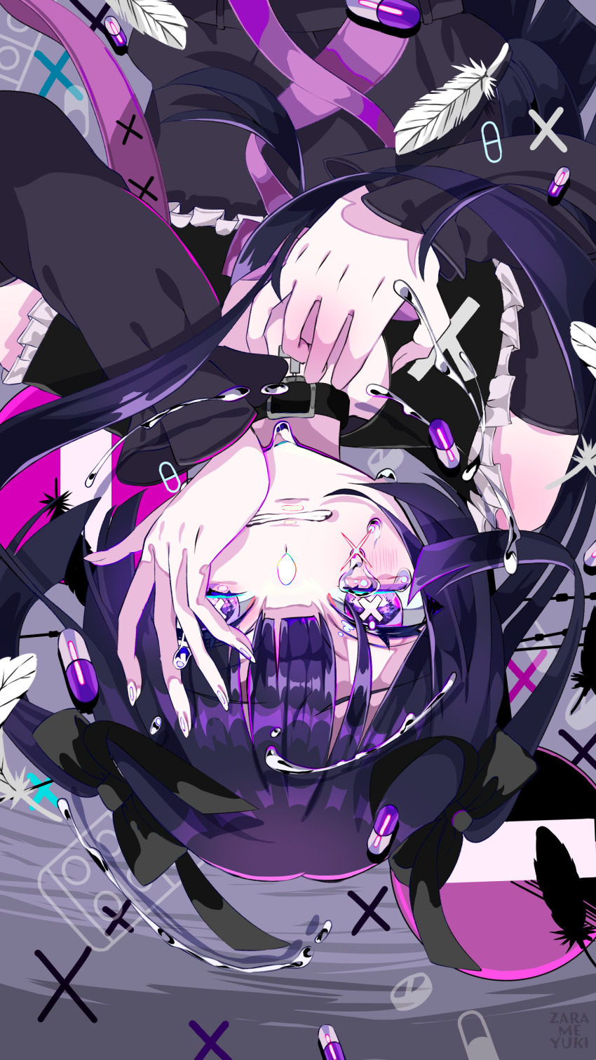 1girl, absurdres, anda_(tuyu), artist_name, bare_shoulders, belt_collar, black_bow, black_shirt