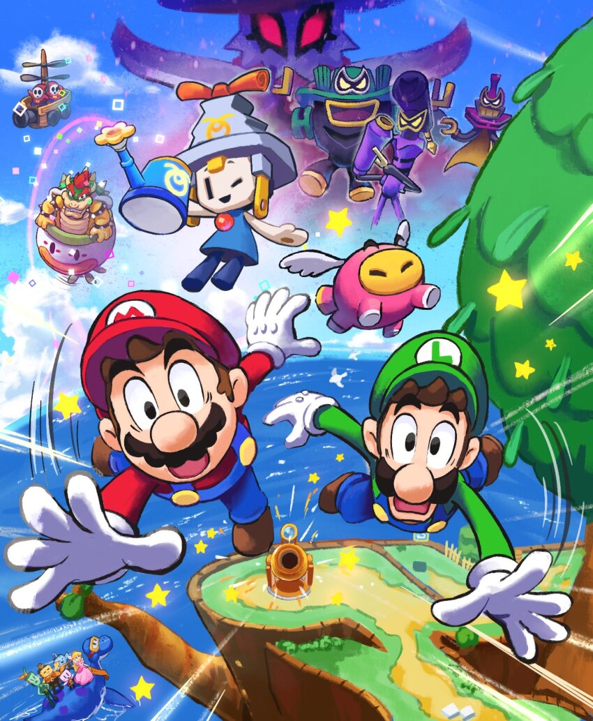 2girls, 3boys, 6+others, ;d, aircraft, airship, arm_up, armlet, black_eyes, blonde_hair, blue_overalls, blue_pants, blue_sky, bowser, bracelet, brothers, brown_footwear, brown_hair, cannon, claws, cloud, connie_(mario), crown, day, diving_mask, dorrie, dress, dulles_(mario), ecks_(mario), elbow_gloves, ellow_(mario), facial_hair, fence, flying, gloves, goggles, grass, green_hat, green_shirt, grin, hat, highres, holding, holding_watering_can, horizon, horns, ireen_(mario), jewelry, koopa_clown_car, long_hair, long_sleeves, loog_(mario), looking_at_viewer, luigi, mario, mario_&amp;_luigi:_brothership, mario_&amp;_luigi_rpg, mario_(series), mini_crown, motion_lines, multiple_boys, multiple_girls, multiple_others, mustache, nintendo, ocean, one_eye_closed, open_mouth, outdoors, overalls, pants, path, picket_fence, pig, pink_dress, princess_peach, red_eyes, red_hair, red_hat, red_shirt, riding, road, sharp_teeth, shirt, shoes, short_hair, short_sleeves, shun_(mario), shy_guy, siblings, sky, smile, snoutlet_(mario), speed_lines, spiked_armlet, spiked_bracelet, spiked_shell, spikes, standing, star_(symbol), teeth, ten_(mario), tree, turtle_shell, v-shaped_eyebrows, water, watering_can, white_gloves, white_wings, wide-eyed, wings, wooden_fence, yamari_(ya_mari_6363), yellow_eyes, zokket
