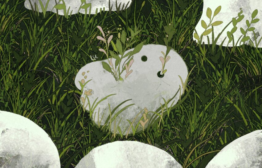 creature, ghost, grass, green_theme, li04r, lying, no_humans, on_back