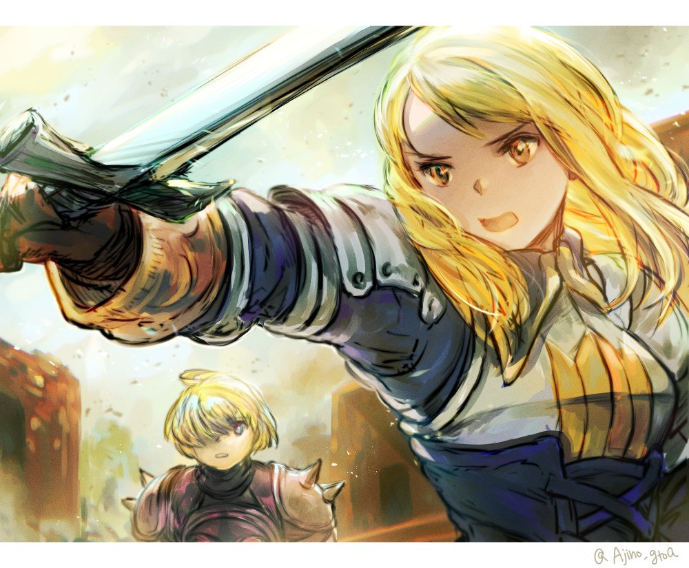 1boy, 1girl, agrias_oaks, ahoge, armor, blonde_hair, braid, breastplate