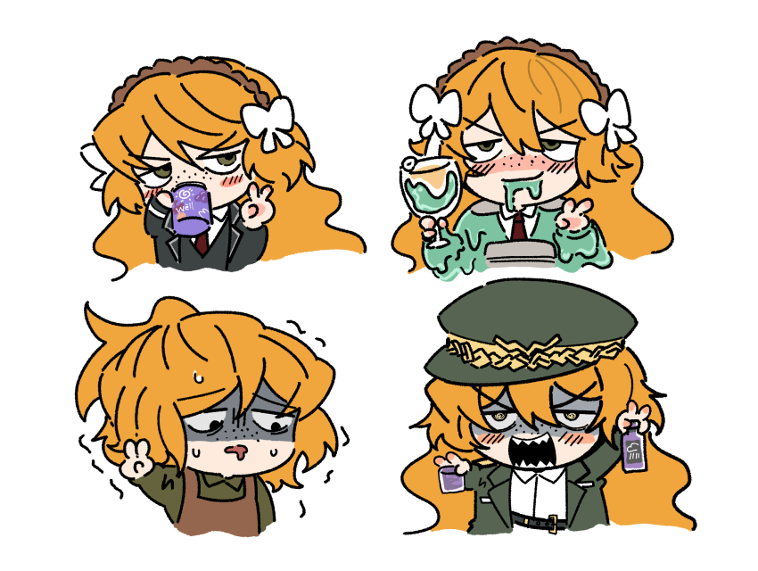 4girls, apron, blush, brown_apron, chiikawa_four_expressions_(meme), collared_shirt, drinking, e.g.o_(project_moon)