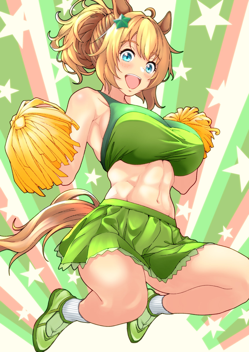 1girl, abs, ahoge, alternate_costume, animal_ears, blue_eyes, breasts, brown_hair