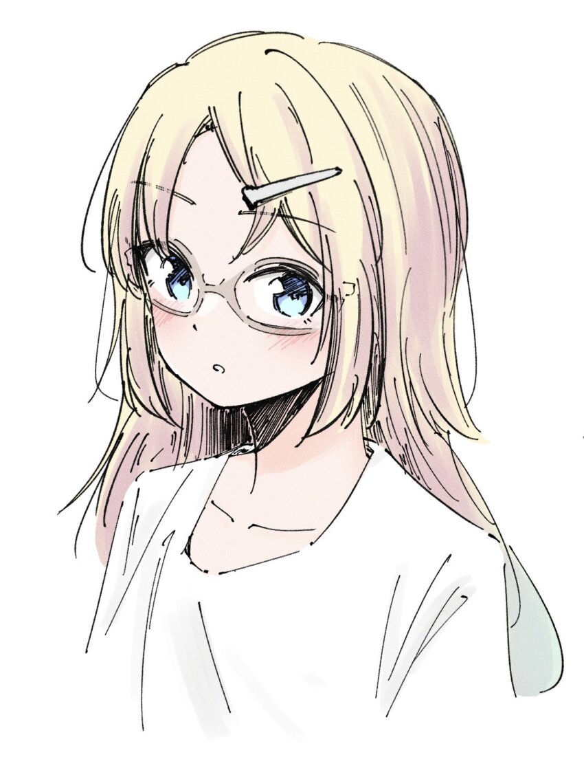1girl, :o, ayu_(ayu_illustrate), blonde_hair, blue_eyes, blush, brown-framed_eyewear, collarbone