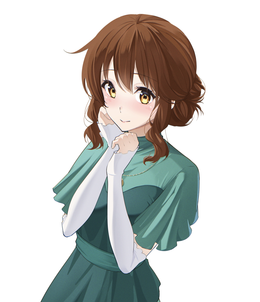 1girl, absurdres, akane_(tgixb), brown_hair, dress, elbow_gloves, gloves, green_dress