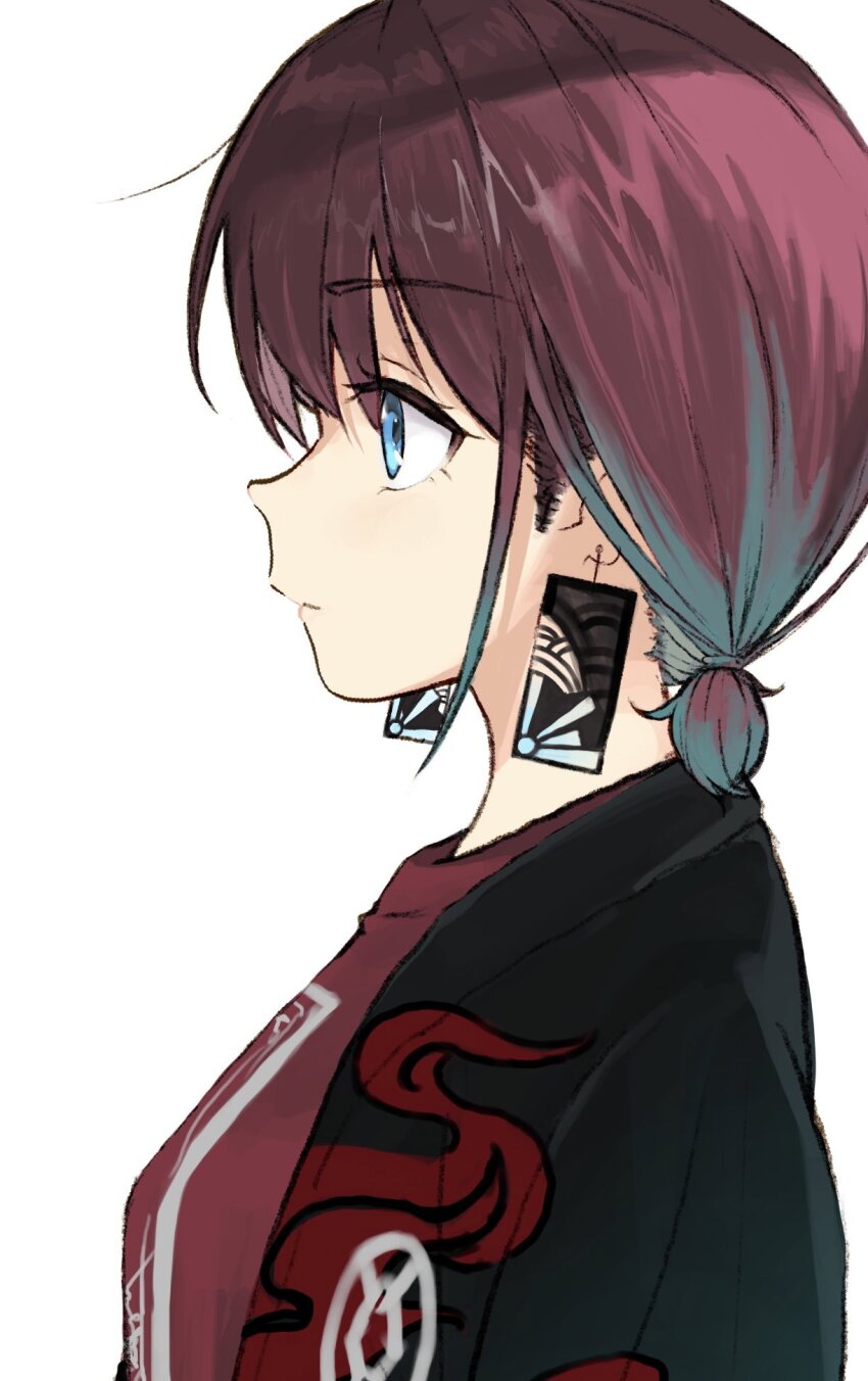 1girl, black_happi, blue_eyes, blue_hair, brown_hair, closed_mouth, dededecopon, earrings