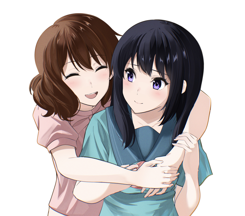 2girls, absurdres, akane_(tgixb), black_hair, brown_hair, fluffy_hair, hand_on_another's_arm, happy