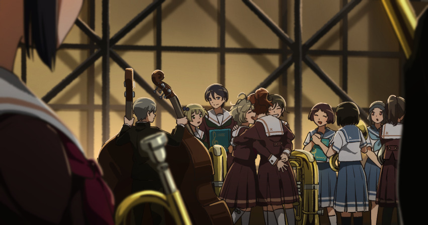 6+girls, black_hair, blonde_hair, blurry, blurry_foreground, brown_hair, double_bass, euphonium