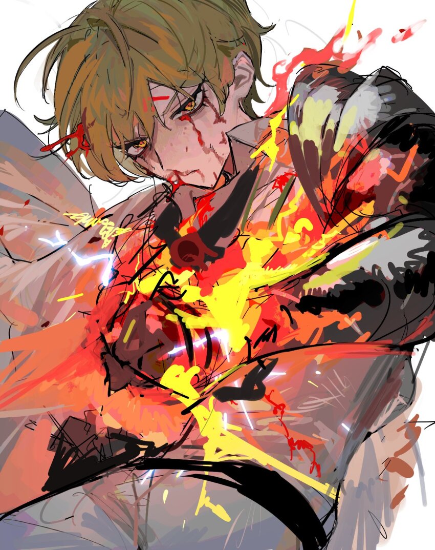 1boy, ascot, black_ascot, blonde_hair, blood, blood_on_face, cowboy_shot, fire