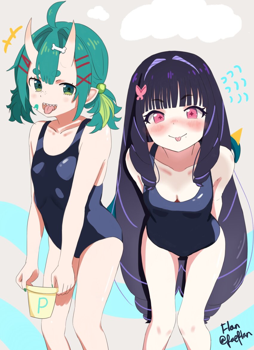 2girls, :p, absurdres, ahoge, arisu_oshiro, artist_name, black_hair, blush, bone_hair_ornament, breasts, chio_chompi, cleavage, commentary, english_commentary, faeflan, flying_sweatdrops, green_eyes, green_hair, green_nails, hair_ornament, highres, horns, long_hair, looking_at_viewer, multicolored_hair, multiple_girls, one-piece_swimsuit, pink_eyes, pixellink, purple_hair, school_swimsuit, sharp_teeth, small_breasts, streaked_hair, swimsuit, teeth, tongue, tongue_out, very_long_hair, virtual_youtuber, x_hair_ornament