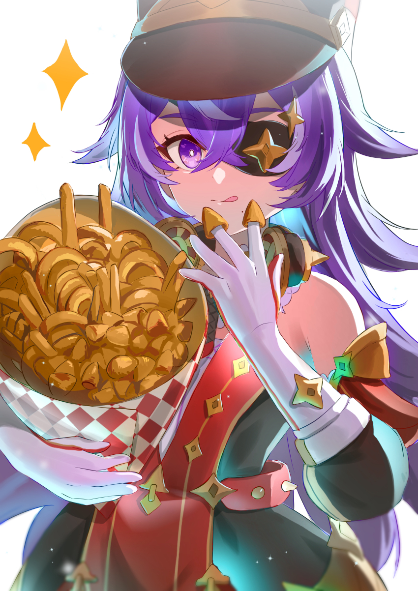 1girl, :q, absurdres, bare_shoulders, black_dress, black_hat, bugles, bugles_(food), bugles_on_fingers, chevreuse_(genshin_impact), detached_sleeves, dress, earmuffs, earmuffs_around_neck, eating, eyepatch, food, food_on_hand, french_fries, genshin_impact, gloves, gold_trim, hair_between_eyes, hand_up, hat, highres, holding, holding_food, long_hair, looking_at_viewer, mole, mole_under_mouth, multicolored_hair, onion_rings, puffy_detached_sleeves, puffy_sleeves, purple_eyes, purple_hair, red_dress, shako_cap, smtoau, solo, star_(symbol), streaked_hair, tongue, tongue_out, two-tone_dress, two-tone_hair, white_background, white_gloves, white_hair