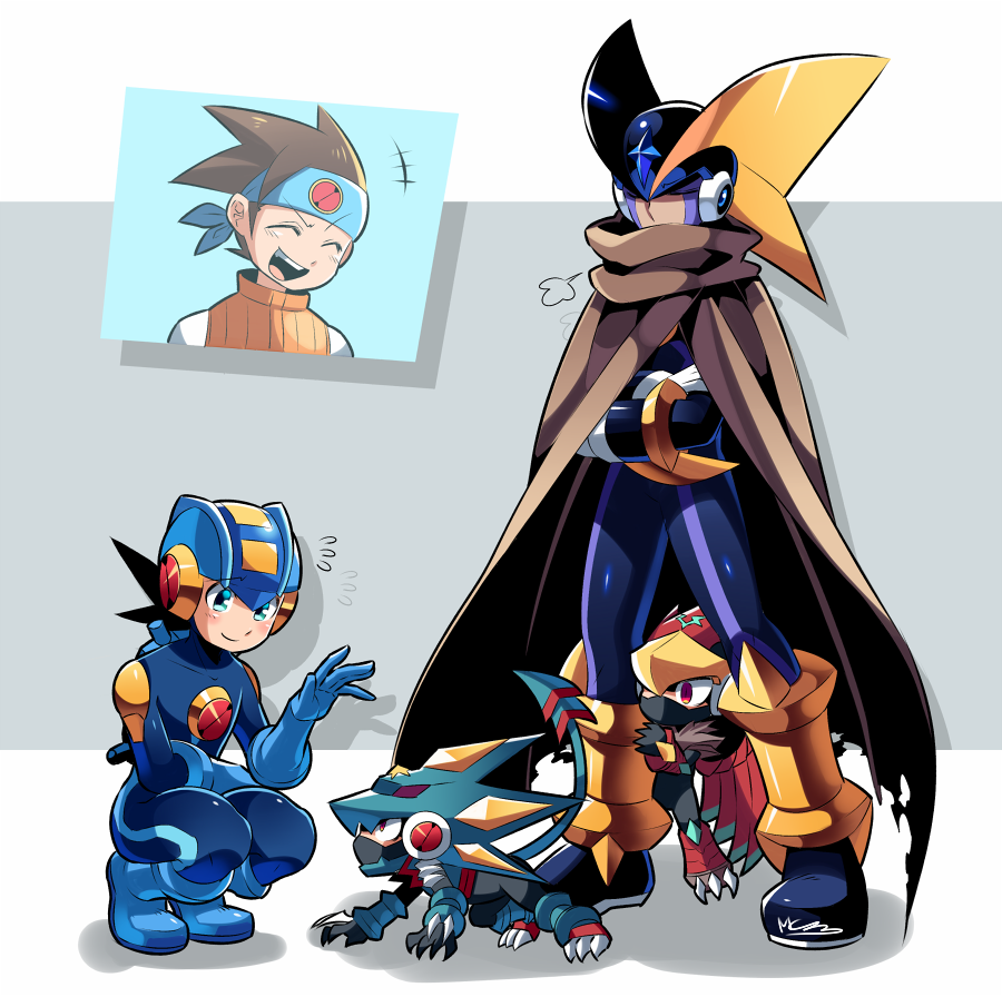 5boys, armor, bass.exe_(mega_man), black_bodysuit, black_helmet, blue_bodysuit, blue_headband, blue_helmet, bodysuit, brown_cloak, brown_hair, chibi, claw_(weapon), claws, cloak, closed_eyes, cosplay, eye_trail, falzar_(mega_man), fins, forehead_jewel, full_body, green_armor, green_eyes, green_helmet, gregar_(mega_man), grey_background, head_fins, headband, helmet, light_trail, male_focus, mcnr, mega_man_(series), mega_man_battle_network_(series), mega_man_battle_network_6, megaman.exe, multiple_boys, orange_vest, red_armor, red_eyes, red_helmet, simple_background, smile, vest, weapon