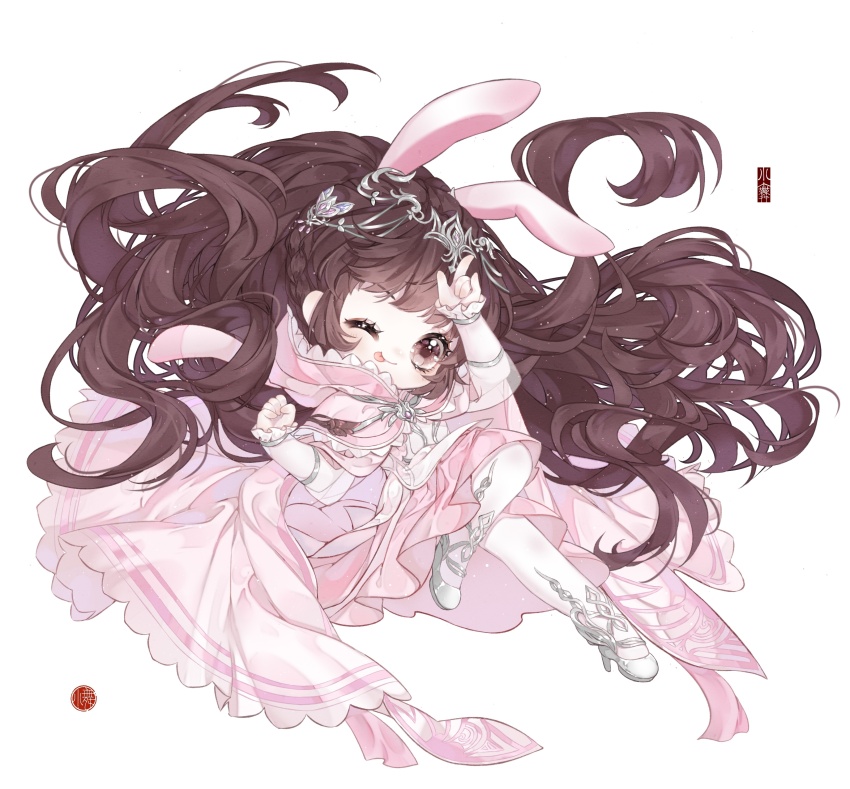 1girl, ;p, absurdres, animal_ears, brown_eyes, brown_hair, circlet, clenched_hand