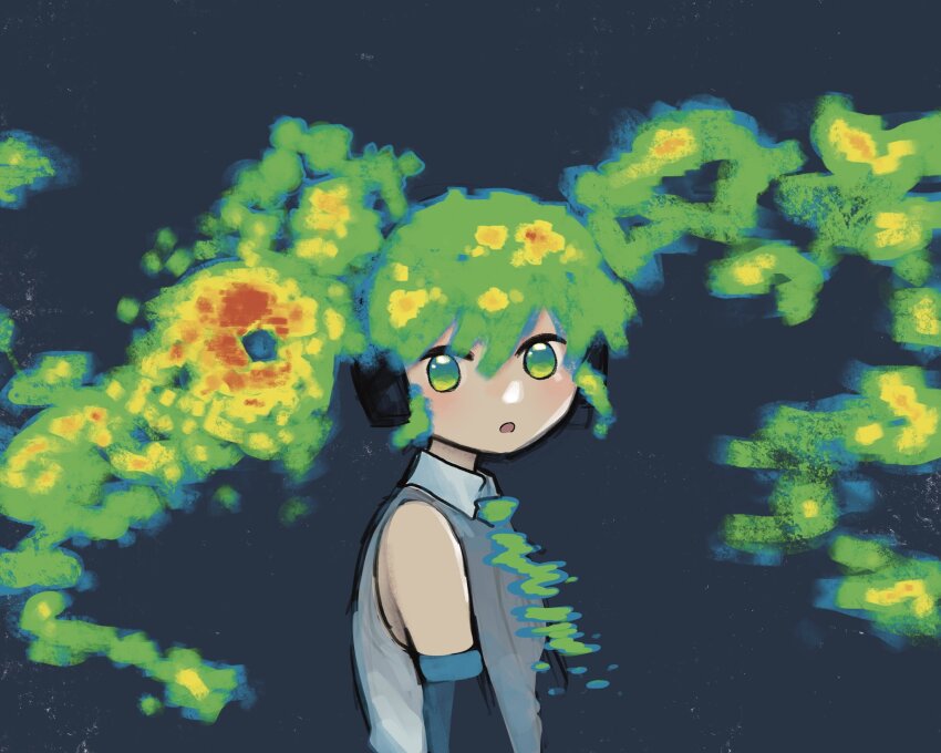 1girl, alternate_eye_color, alternate_hair_color, bare_shoulders, blonde_hair, collared_shirt, commentary, commentary_typo, detached_sleeves, english_commentary, expressionless, floating_hair, from_side, green_eyes, green_hair, green_necktie, hatsune_miku, headphones, heatmap, highres, long_hair, looking_at_viewer, looking_to_the_side, moss_(honey_cosmos), multicolored_hair, necktie, open_mouth, shirt, simple_background, sleeveless, sleeveless_shirt, solo, twintails, unfinished, upper_body, vocaloid