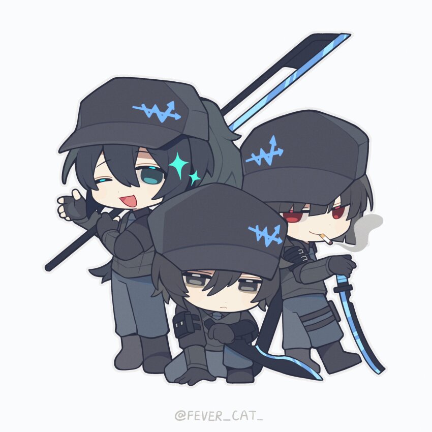 1girl, 2boys, baseball_cap, black_eyes, black_footwear, black_gloves, black_hair, black_hat