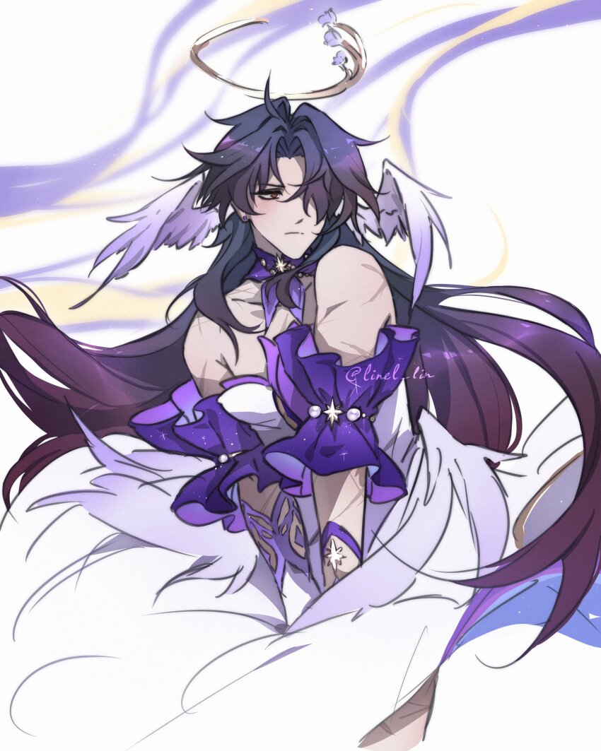 1boy, absurdres, artist_name, bare_shoulders, blade_(honkai:_star_rail), blue_hair, blush, choker