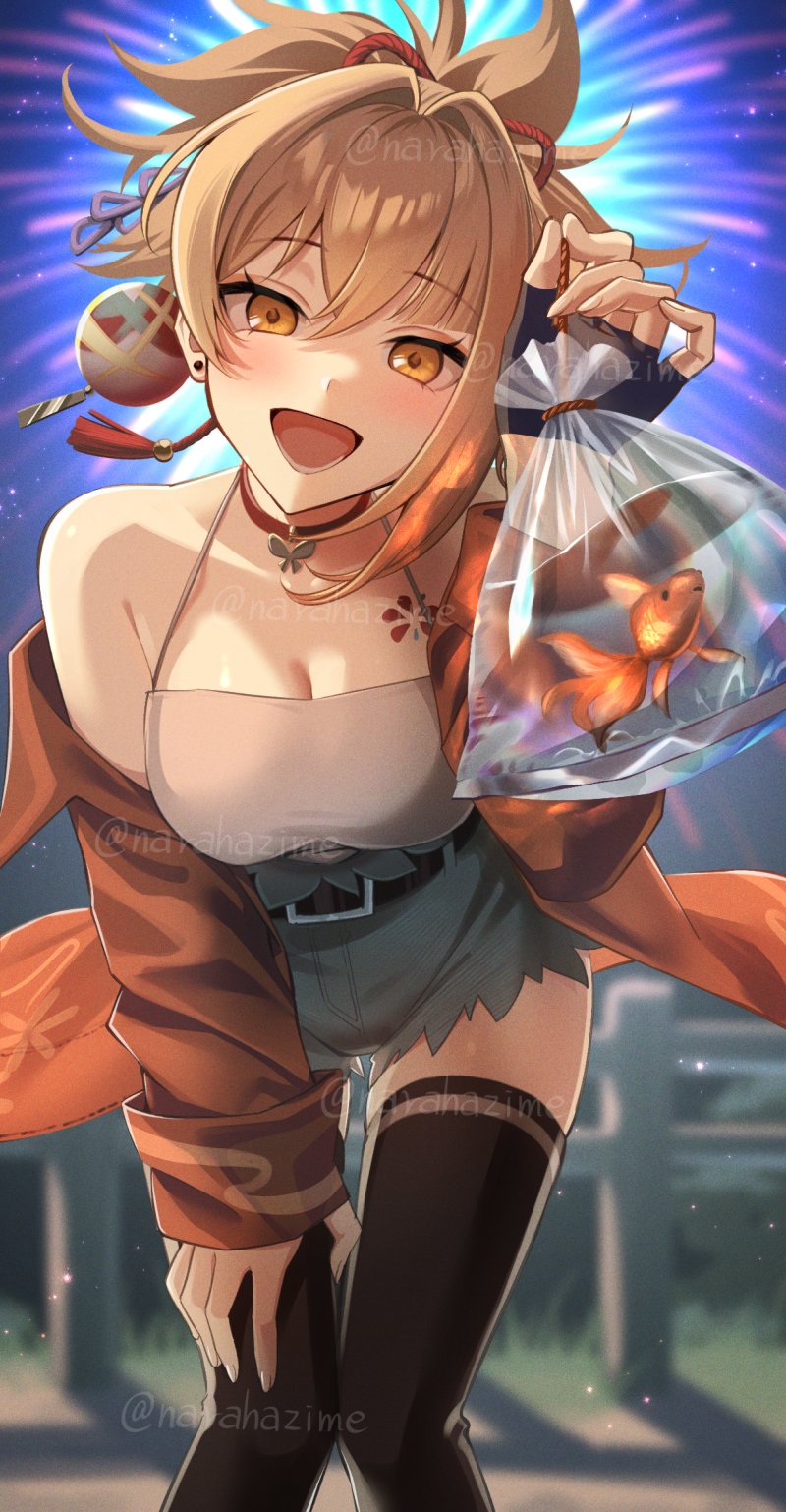 1girl, alternate_costume, bare_shoulders, belt, black_belt, black_gloves, black_thighhighs, blonde_hair, blurry, blurry_background, breasts, cleavage, denim, denim_shorts, earrings, fingerless_gloves, fireworks, genshin_impact, gloves, hair_between_eyes, highres, jacket, jewelry, leaning_forward, long_sleeves, medium_hair, narahazime, open_clothes, open_jacket, open_mouth, orange_jacket, outdoors, shorts, single_glove, smile, solo, stud_earrings, thighhighs, twitter_username, watermark, watermark_grid, yellow_eyes, yoimiya_(genshin_impact)