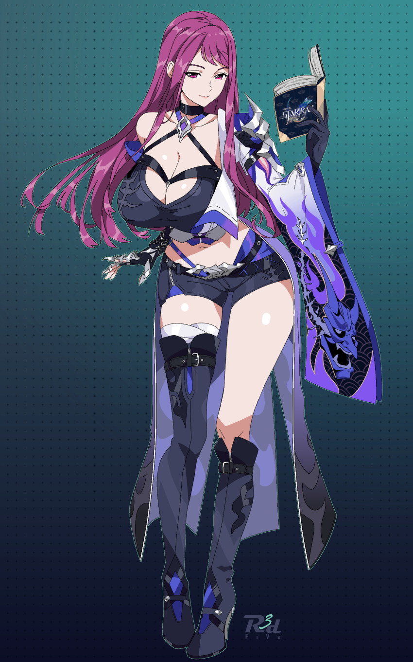 1girl, acheron_(honkai:_star_rail), acheron_(honkai:_star_rail)_(cosplay), alternate_breast_size, alternate_costume, black_gloves, breasts, choker, cleavage, cosplay, crossover, fire_emblem, fire_emblem_engage, full_body, gloves, highres, ivy_(fire_emblem), large_breasts, long_hair, looking_at_viewer, mole, mole_under_mouth, navel, nintendo, purple_eyes, purple_hair, r3dfive, shorts, single_bare_shoulder, solo, thighs, very_long_hair