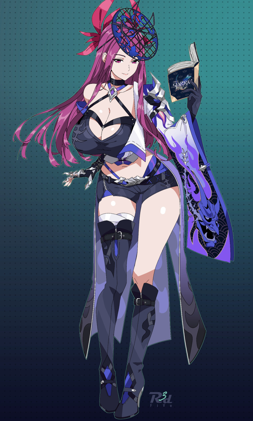 1girl, acheron_(honkai:_star_rail), acheron_(honkai:_star_rail)_(cosplay), alternate_breast_size, alternate_costume, black_gloves, book, breasts