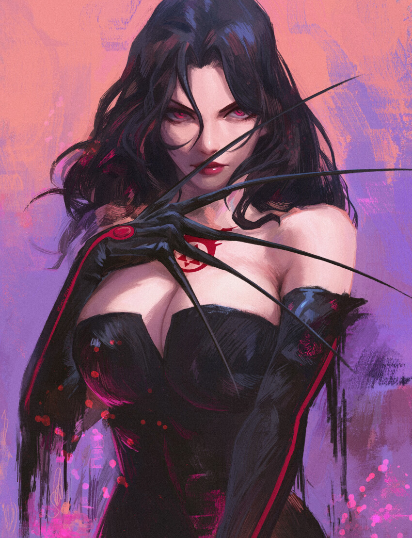 1girl, absurdres, bare_shoulders, black_dress, black_gloves, black_hair, breasts, chest_tattoo