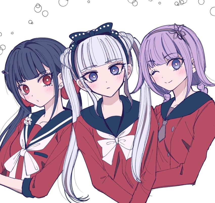 3girls, ;), alternate_costume, alternate_hairstyle, black_bow, black_hair, black_sailor_collar, blush