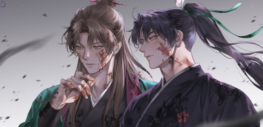 2boys, black_hair, black_hanbok, blood, blood_in_hair, blood_on_clothes, blood_on_face, blood_on_hands