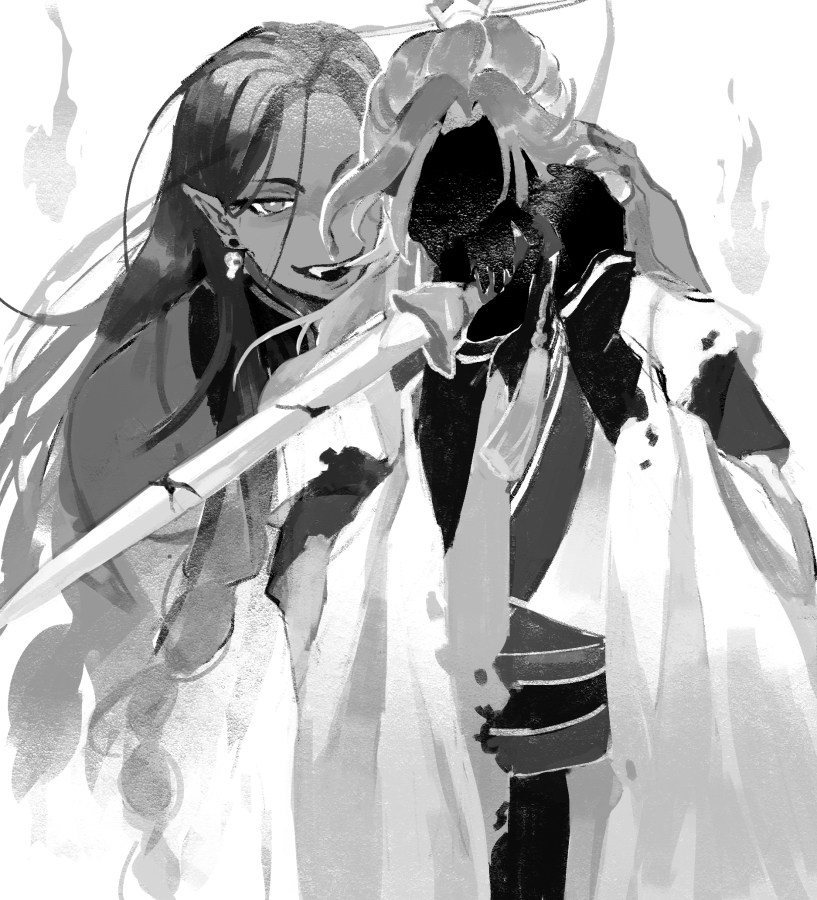 2boys, black_skin, braid, broken, broken_sword, broken_weapon, chinese_clothes, colored_skin