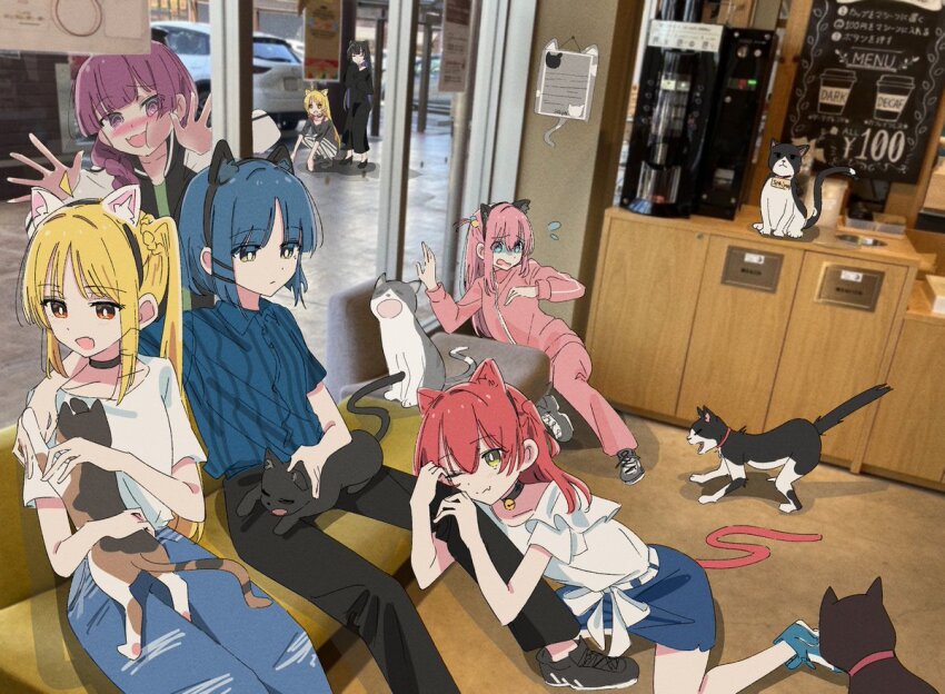 6+girls, 818_seki, against_glass, animal, animal_ears, arm_around_shoulder, bell, black_dress