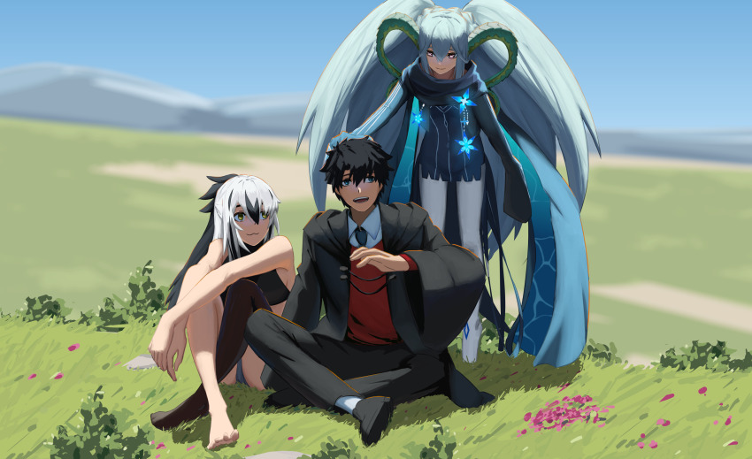 1boy, 2girls, :3, bare_shoulders, black_dress, black_hair, black_scarf, blue_eyes