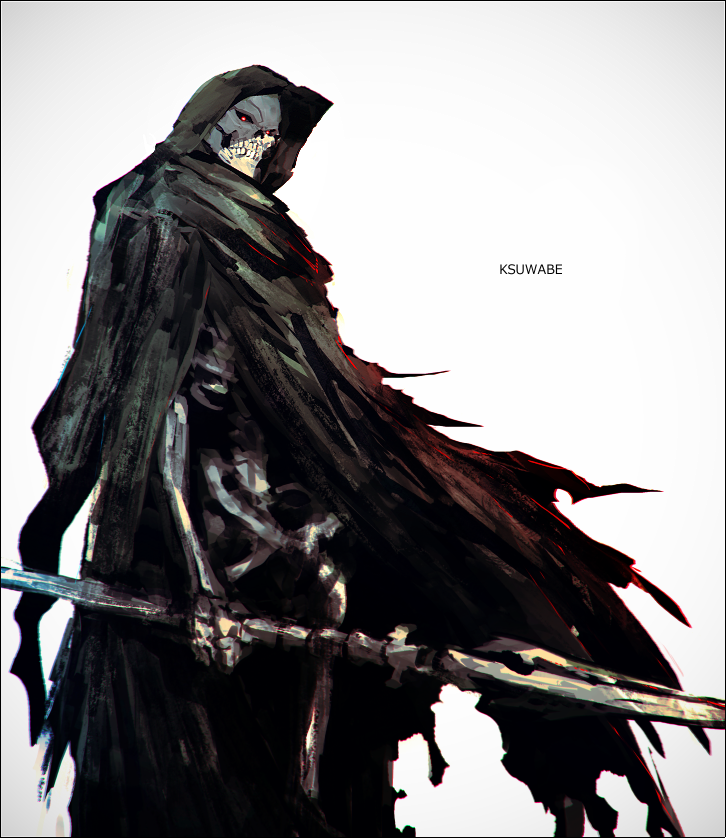 1boy, artist_name, bone, cloak, glowing, glowing_eyes, holding, holding_polearm, holding_weapon, hood, hooded_cloak, ishura, k-suwabe, monster, polearm, red_eyes, ribs, see-through_body, shalk_the_sound_slicer, signature, skeleton, skull, spear, spine, torn_cloak, torn_clothes, weapon, white_background