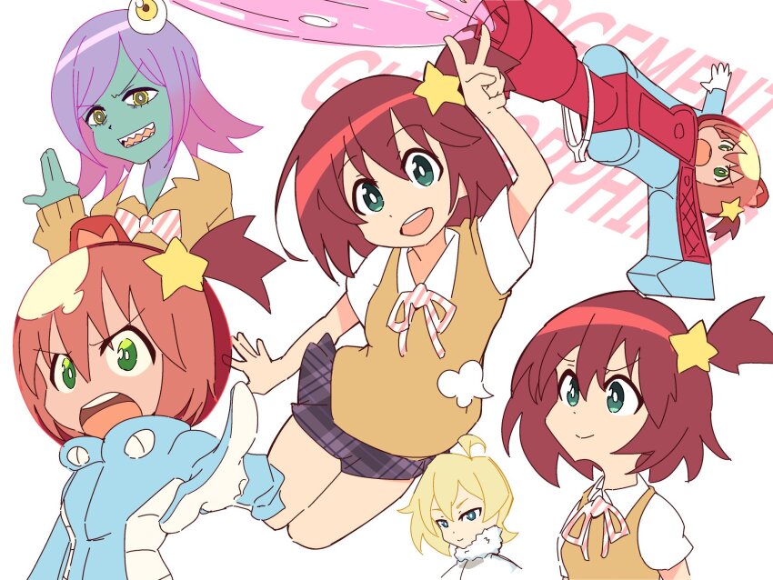 1boy, 2girls, alpha_omega_nova, bluearcadegames, brown_hair, green_eyes, highres, judgement_gun_morphing