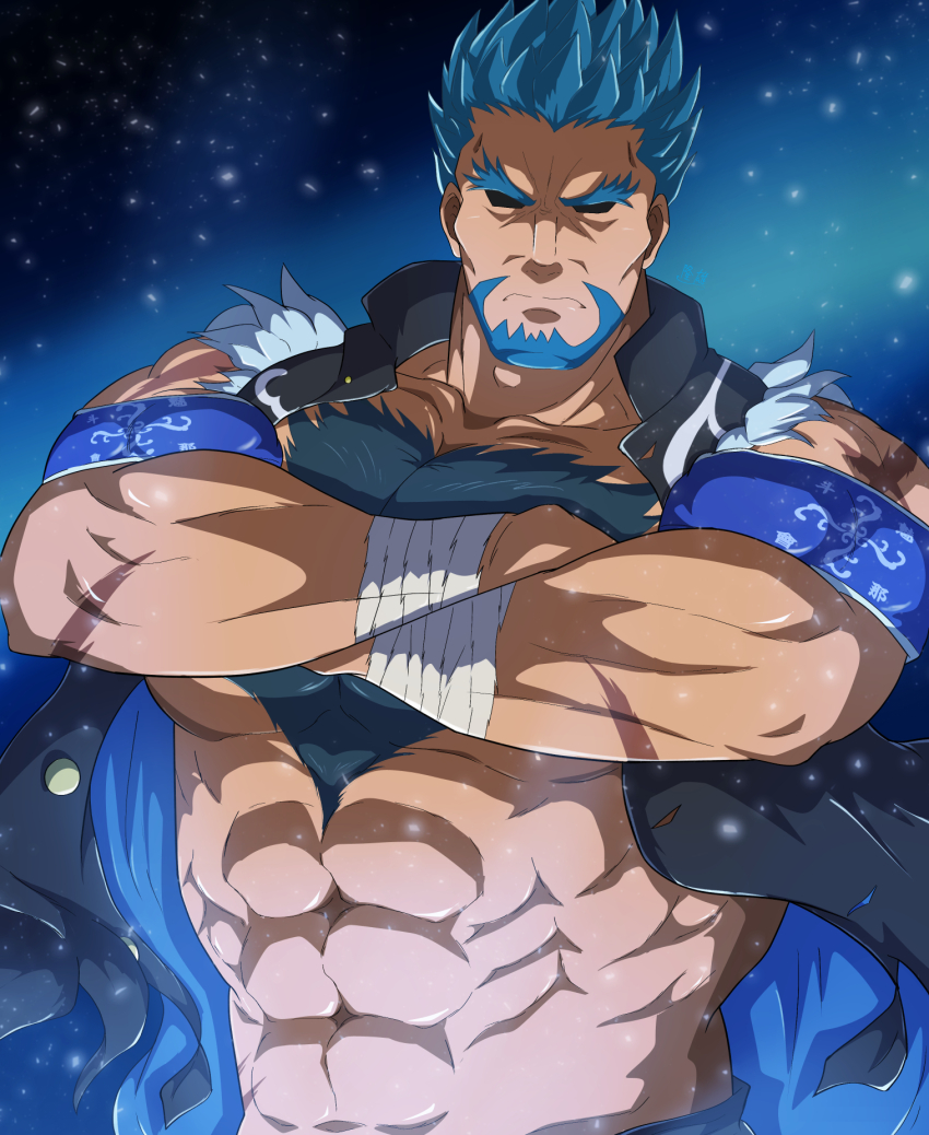 1boy, abs, armband, bandages, bara, beard, bucchigiri?!, douman_kenichirou, facial_hair, feet_out_of_frame, frown, hairy, highres, jacket, light_particles, looking_at_viewer, male_focus, manly, mature_male, muscular, muscular_arms, muscular_male, open_clothes, open_jacket, pectorals, scar, simple_background, sleeveless, solo, spiked_hair, thick_eyebrows, torn, torn_clothes, upper_body, very_hairy, zeff_ozaki