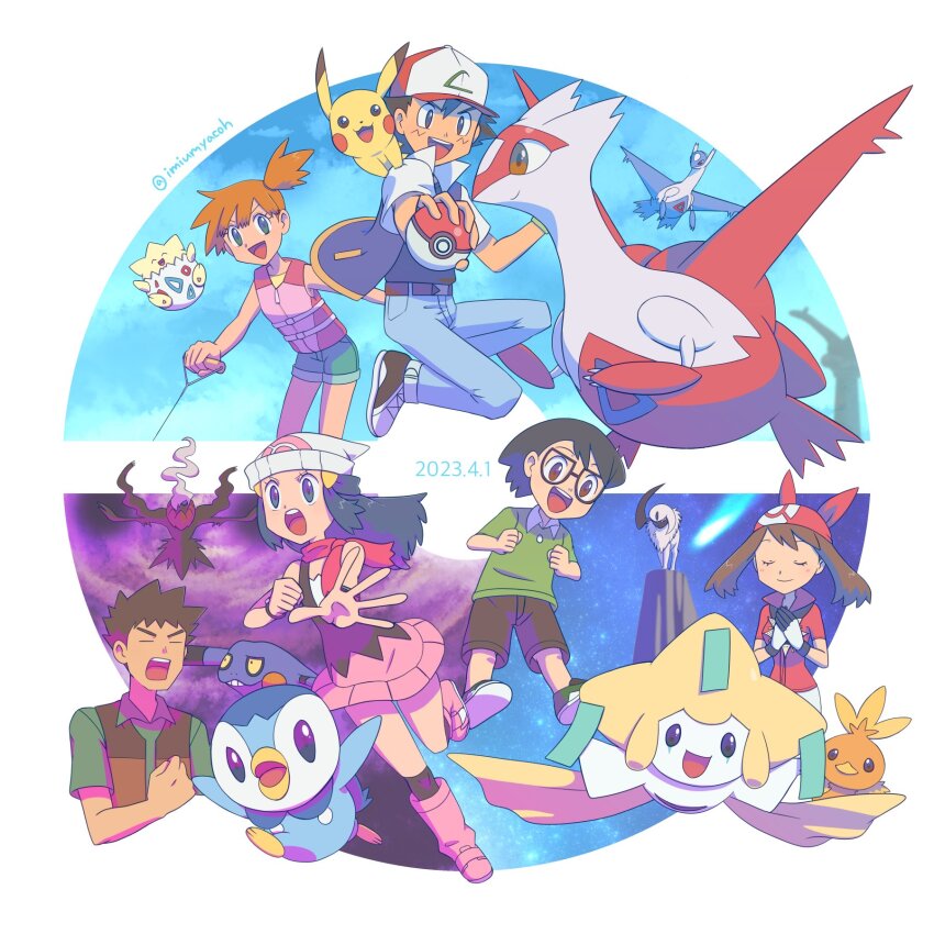 2girls, 3girls, :d, absol, ash_ketchum, asymmetrical_hair, bandana, baseball_cap