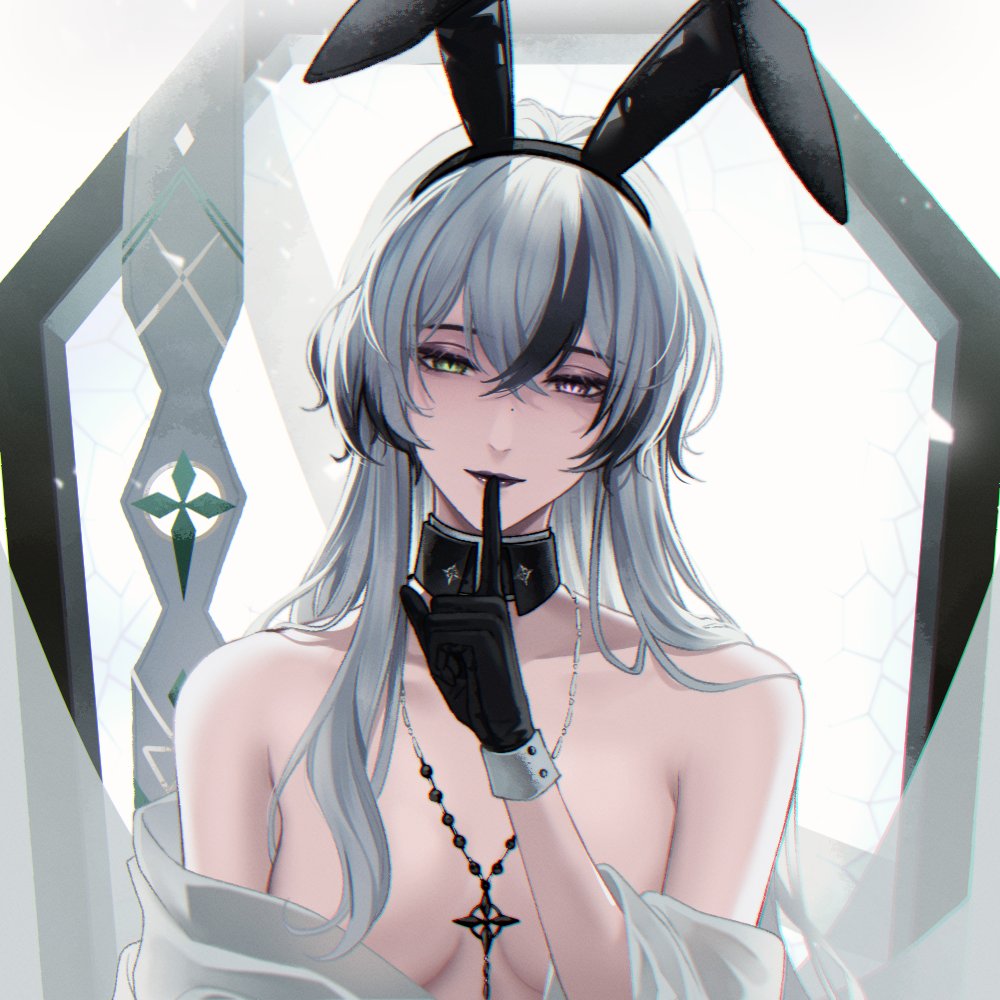 1girl, angon623, animal_ears, bare_shoulders, black_gloves, black_lips, detached_collar, detached_sleeves