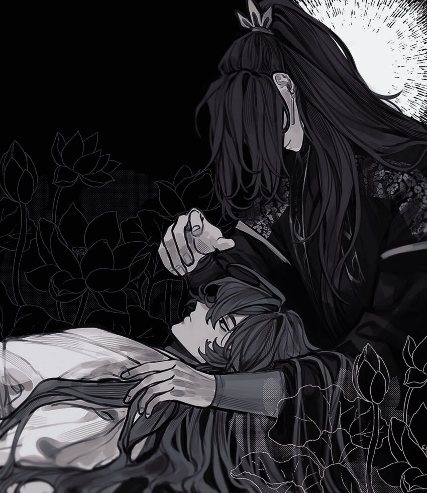 2boys, chinese_clothes, closed_mouth, earrings, expressionless, falling_shark, flower, greyscale