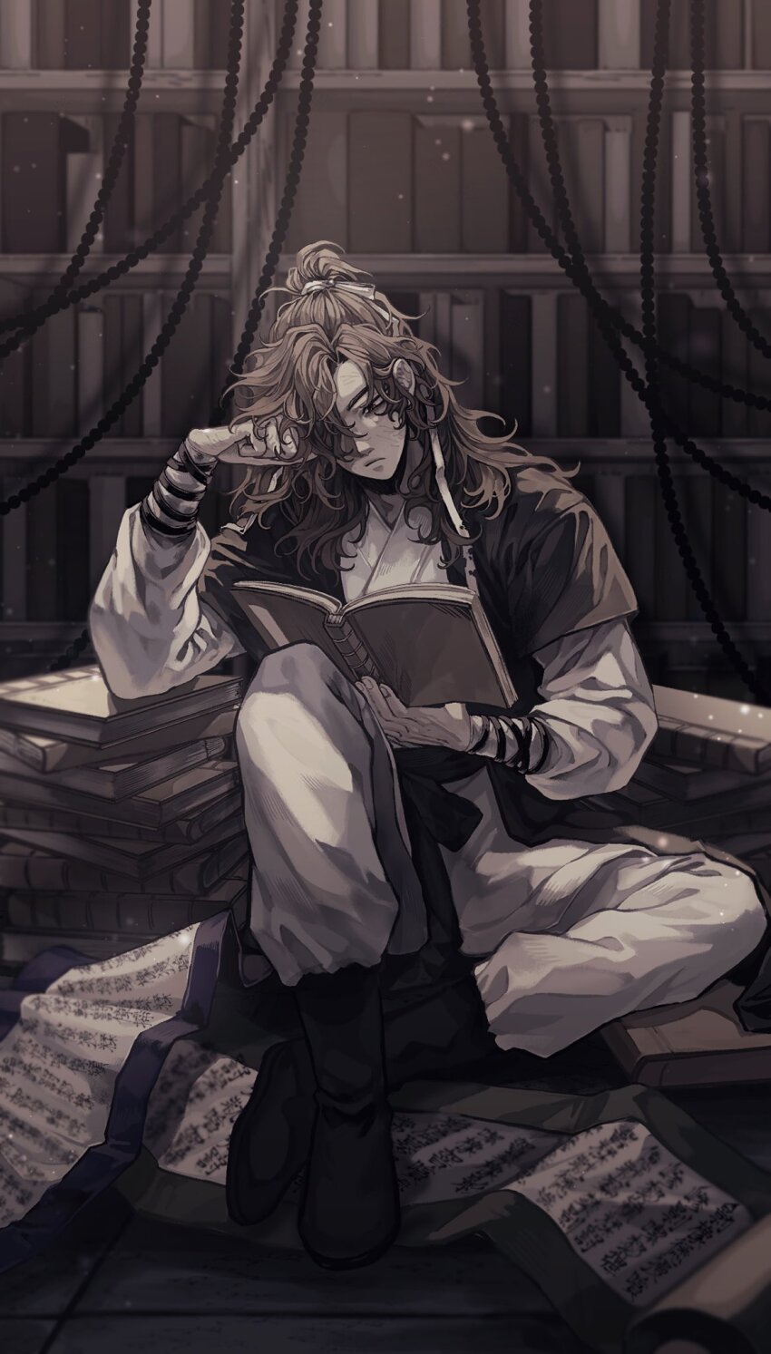 1boy, bead_curtain, book, bookshelf, boots, falling_shark, full_body, hair_over_one_eye, half_updo, hanbok, head_on_hand, high_ponytail, highres, holding, holding_book, korean_clothes, korean_commentary, lee_jaha, limited_palette, long_hair, long_sleeves, looking_at_object, male_focus, pile_of_books, ponytail, reading, return_of_the_mad_demon, scar, scar_on_face, scar_on_hand, scroll, sitting, solo