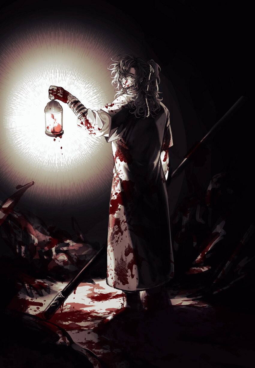 1boy, black_hair, blood, blood_on_clothes, blood_on_face, blood_on_hands, bloody_weapon, bo_staff, corpse, curly_hair, falling_shark, full_body, hair_over_one_eye, hair_ribbon, half_updo, hanbok, high_ponytail, highres, holding, holding_lantern, holding_staff, korean_clothes, korean_commentary, lantern, lee_jaha, long_sleeves, looking_at_viewer, looking_back, male_focus, partially_colored, ponytail, return_of_the_mad_demon, ribbon, smile, solo, staff, standing, weapon