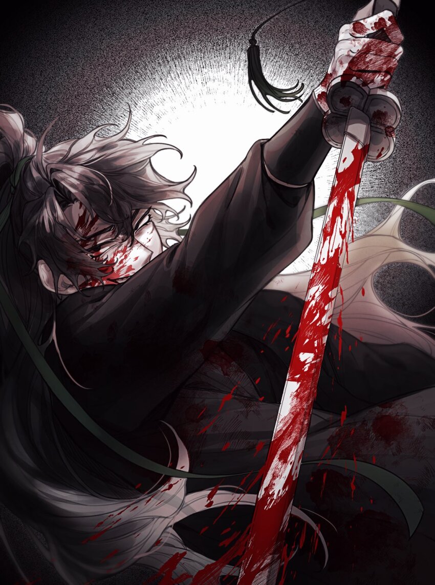 1boy, blood, blood_on_clothes, blood_on_face, blood_on_hands, bloody_weapon, cheongmyeong_(return_of_the_mount_hua_sect), falling_shark, green_ribbon, grin, hanbok, high_ponytail, highres, holding, holding_sword, holding_weapon, korean_clothes, korean_commentary, long_hair, long_sleeves, looking_at_viewer, male_focus, partially_colored, ponytail, return_of_the_mount_hua_sect, reverse_grip, ribbon, smile, solo, spot_color, sword, sword_tassel, tassel, upper_body, weapon, weapon_tassel