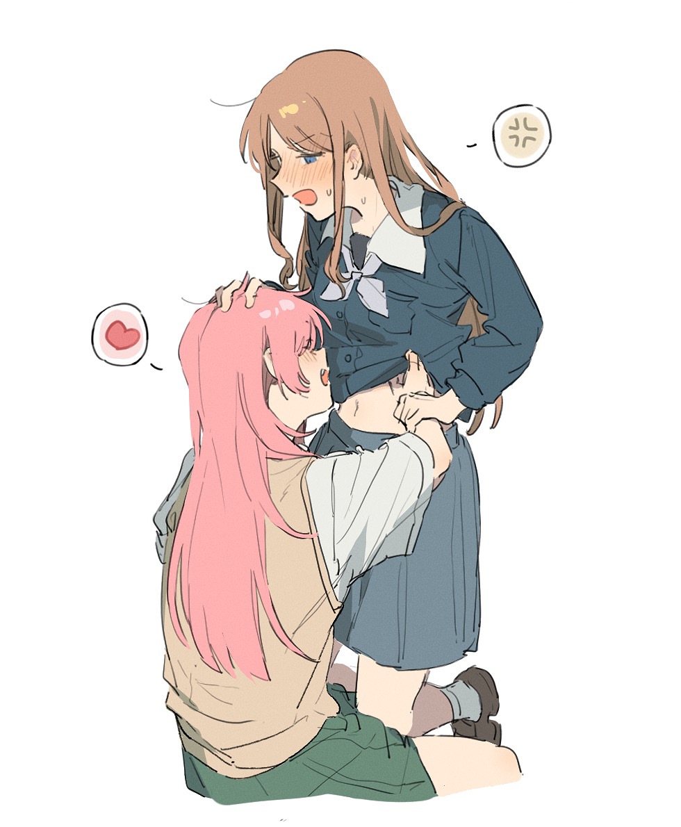2girls, anger_vein, bang_dream!, bang_dream!_it's_mygo!!!!!, blue_eyes, blue_shirt, blue_skirt, blush, breasts, brown_footwear, brown_hair, brown_sweater_vest, chihaya_anon, closed_eyes, clothes_lift, ear_blush, fang, green_skirt, grey_neckerchief, hand_on_another's_head, haneoka_school_uniform, heart, holding_another's_wrist, lifting_another's_clothes, long_hair, long_sleeves, midriff, multiple_girls, nagasaki_soyo, navel, neckerchief, open_mouth, parted_bangs, pink_hair, pleated_skirt, school_uniform, shirt, shirt_lift, short_sleeves, sidelocks, simple_background, sitting, skirt, small_breasts, socks, spoken_anger_vein, spoken_heart, sweat, sweater_vest, tsukinomori_school_uniform, uzr_akira, white_background, white_shirt, white_socks, yuri