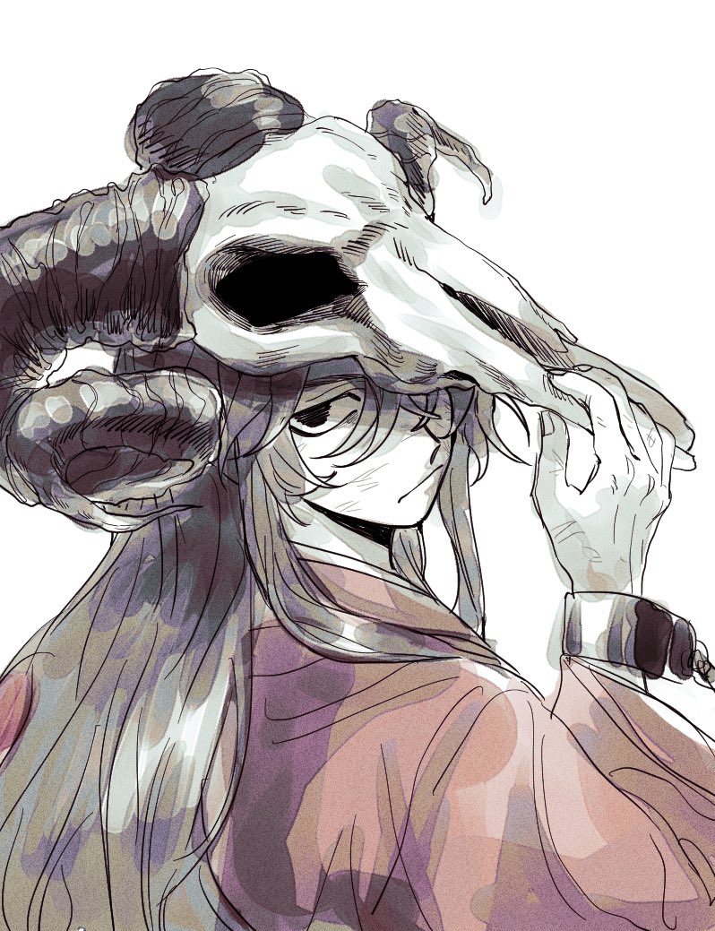 1boy, aged_down, animal_skull, black_eyes, black_hair, closed_mouth, cuffs, expressionless