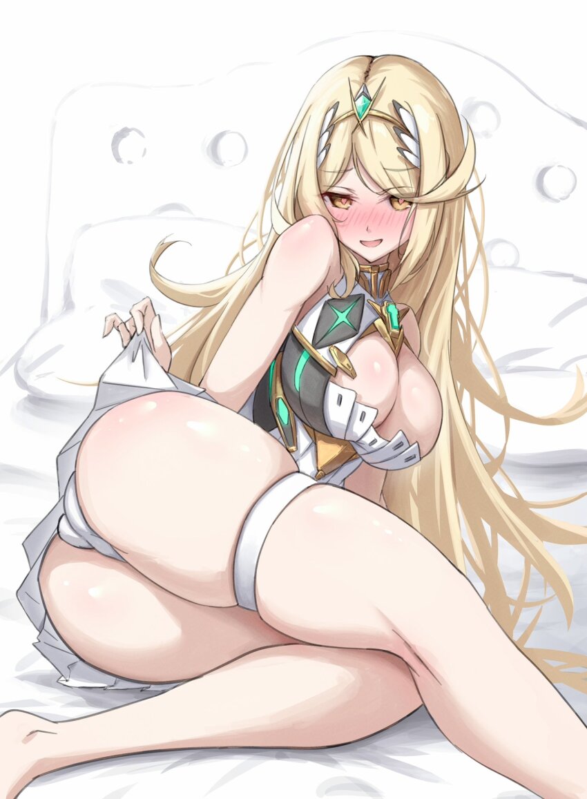 1girl, :d, ass, bed, blonde_hair, blush, breasts, circlet