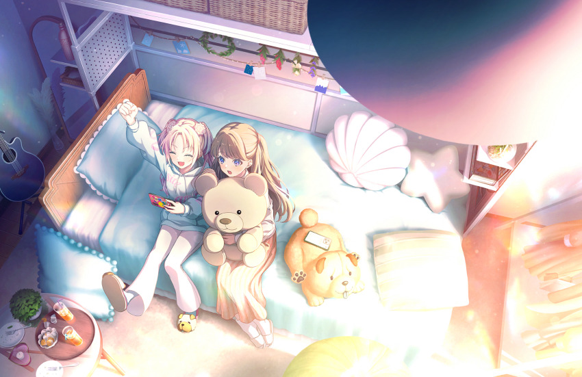 2girls, :o, ^_^, acoustic_guitar, animal_slippers, arm_up, bedroom, blonde_hair, blue_hair, blue_hoodie, brown_dress, brown_hair, brown_shirt, cellphone, closed_eyes, clothing_cutout, cup, dress, drinking_glass, drinking_straw, empty_plate, fang, flower, fork, from_above, fujishima_megumi, fujishima_megumi_(winter_loungewear), game_cg, glass_table, gradient_hair, guitar, hair_flower, hair_ornament, heart, highres, holding, holding_phone, hood, hoodie, hugging_doll, hugging_object, ice, in-universe_location, instrument, iphone, iphone_11_pro, leg_up, light_blue_hair, light_particles, link!_like!_love_live!, long_hair, long_sleeves, love_live!, multicolored_hair, multiple_girls, official_art, on_bed, osawa_rurino, osawa_rurino_(winter_loungewear), pants, parted_bangs, phone, plant, potted_plant, puffy_long_sleeves, puffy_sleeves, purple_eyes, raised_fist, shirt, shoulder_cutout, sitting, slice_of_life, slippers, smartphone, socks, striped_pillow, stuffed_animal, stuffed_shell, stuffed_star, stuffed_toy, table, teddy_bear, third-party_source, tray, twintails, two_side_up, v-shaped_eyebrows, virtual_youtuber, white_flower, white_pants, white_socks, wide_shot