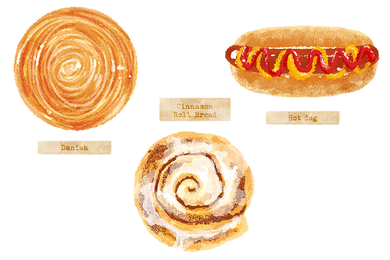 cinnamon_roll, danish_pastry, food, food_focus, food_name, hot_dog, hot_dog_bun, ketchup