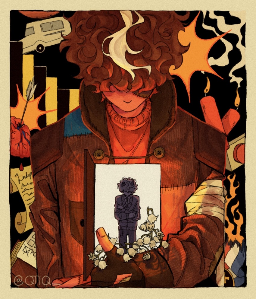 2boys, arms_around_another's_waist, arrow_(projectile), arrow_through_heart, ballot, bandaged_arm, bandages, black_gloves