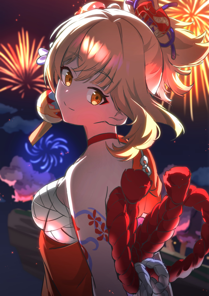 1girl, absurdres, arms_behind_back, bandages, blonde_hair, close-up, cloud, collar, commentary_request, fireworks, from_behind, genshin_impact, hair_ornament, hair_ribbon, head_tilt, highres, looking_at_viewer, looking_back, night, red_collar, red_rope, ribbon, rope, single_bare_shoulder, smile, smtoau, solo, standing, tree, yellow_eyes, yoimiya_(genshin_impact)