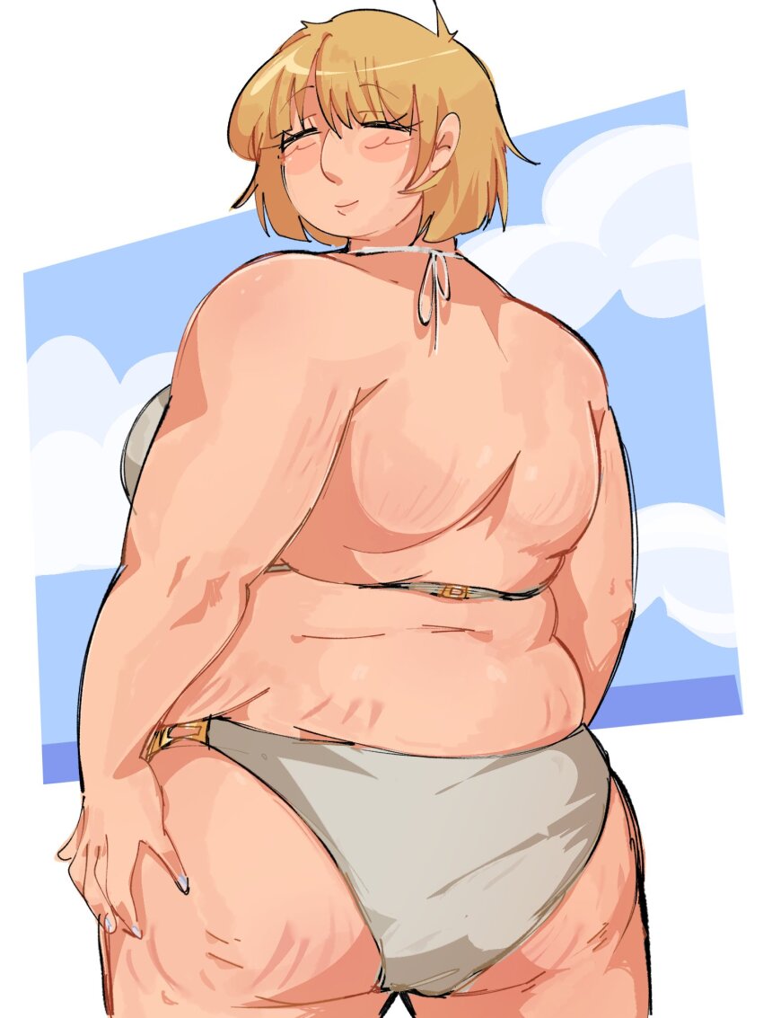 1girl, bikini, blonde_hair, closed_eyes, dungeon_meshi, falin_touden, falin_touden_(tallman), fat, fat_woman, grey_bikini, highres, m0nacrose, pump, short_hair, solo, swimsuit