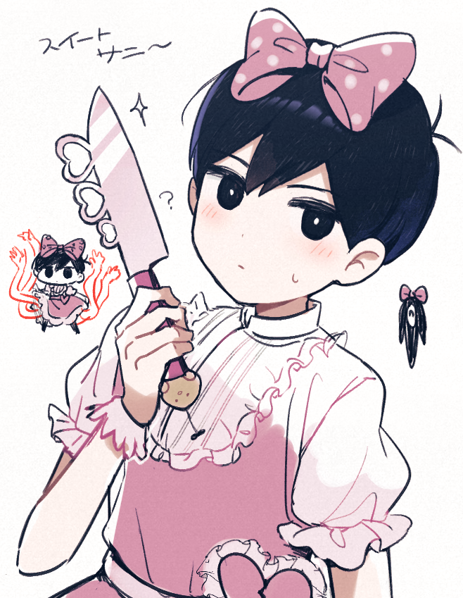 2boys, black_eyes, black_hair, bow, colored_skin, cosplay, crossdressing, crossdressing_(mtf)