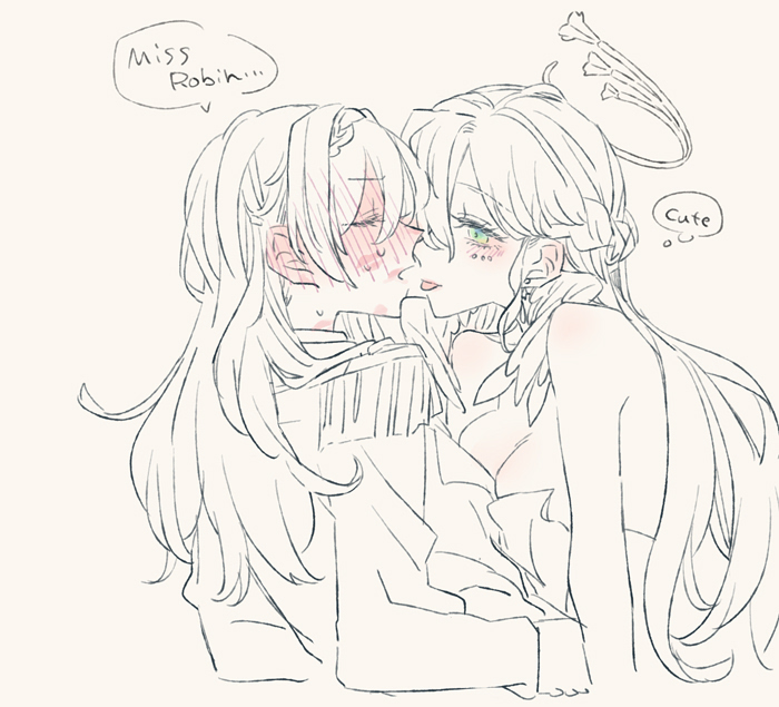 2girls, bare_shoulders, blush, breasts, cleavage, closed_eyes, commentary, ear_blush, english_text, epaulettes, firefly_(honkai:_star_rail), firefly_(vision)_(honkai:_star_rail), full-face_blush, green_eyes, greyscale, halo, head_wings, honkai:_star_rail, honkai_(series), lipstick_mark, lipstick_mark_on_face, long_hair, long_sleeves, monochrome, multiple_girls, robin_(honkai:_star_rail), speech_bubble, spot_color, thought_bubble, tongue, tongue_out, upper_body, wings, xxxxxio55, yuri