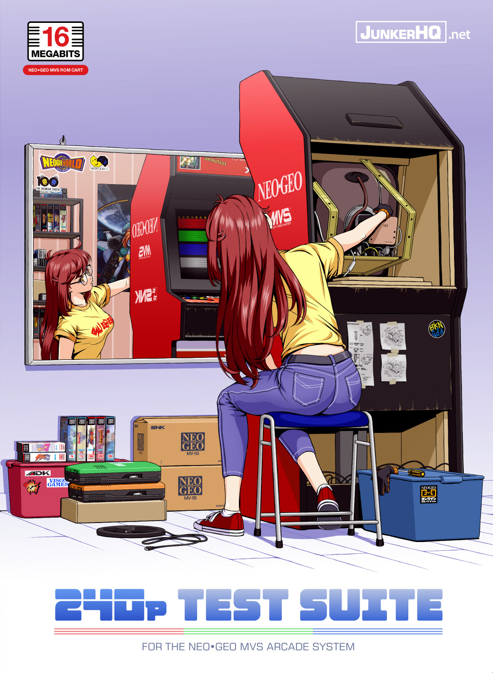 1girl, arcade_cabinet, back_peek, belt, black_belt, black_gloves, blue_pants, blueprint_(object), box, breasts, brown_eyes, cable, cardboard_box, clothes_writing, commentary, container, cover, crt, denim, donna_(jose_salot), english_commentary, english_text, eyelashes, facing_away, fine_art_parody, from_behind, full_body, game_console, glasses, gloves, gradient_background, heel_up, highres, indoors, jeans, jose_salot, leaning_forward, long_hair, looking_at_object, masking_tape, medium_breasts, mirror, neo_geo, on_stool, original, pants, paper, parody, poster_(object), purple_background, rectangular_eyewear, red_hair, red_shoes, reflection, repairing, screwdriver, second-party_source, shirt, shoes, short_sleeves, sitting, sneakers, solo, sticker, stool, t-shirt, test_card, tools, triple_self-portrait_(norman_rockwell), watermark, web_address, wooden_floor, work_gloves, working, yellow_shirt